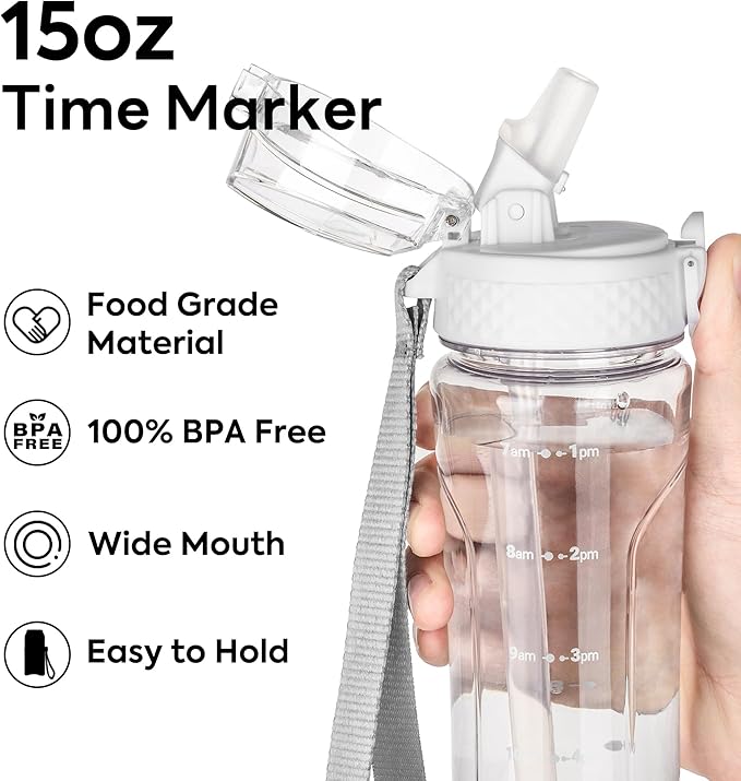 OLDLEY Kids Water Bottle with Straw 15 oz BPA-Free Leak-Proof Motivational Water Bottles with Time Marker for School Sports Travel Gym, Easy to Use for Girls Goys, 1 Straw Lid, Transparent