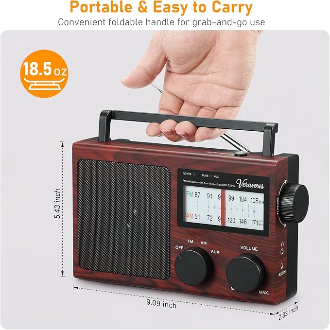 Portable AM/FM Radio with Bass Control, Equipped with a Built-in high-Power Speaker, Headphone Jack, and AUX Audio Input, Supports Battery or AC Power Operation (Red Oak Wood Grain)
