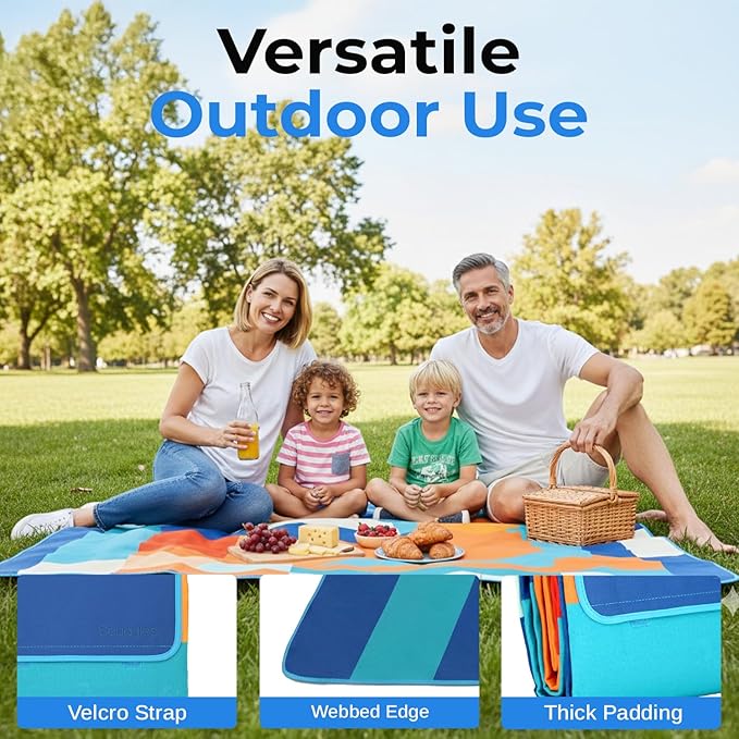 scuddles Extra Large Picnic Blanket – 60" x 80" Waterproof Outdoor Mat with Soft 3-Layer Comfort, Cozy Fleece Top, Foldable Design & Carry Strap for Beach, Camping, Parks & Hiking