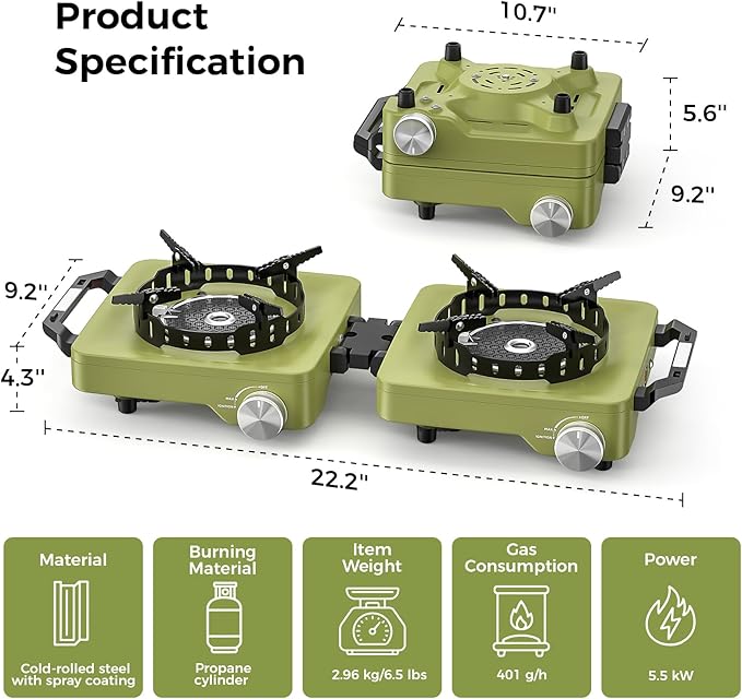 MoKo Propane Camping Stove 2 Burner, 36,000 BTU Infrared & Open Flame Hybrid, Windproof Folding Portable Outdoor Gas Cooking Kit with Frying Pan & Carry Bag For RV, Tailgating, Survival, Green