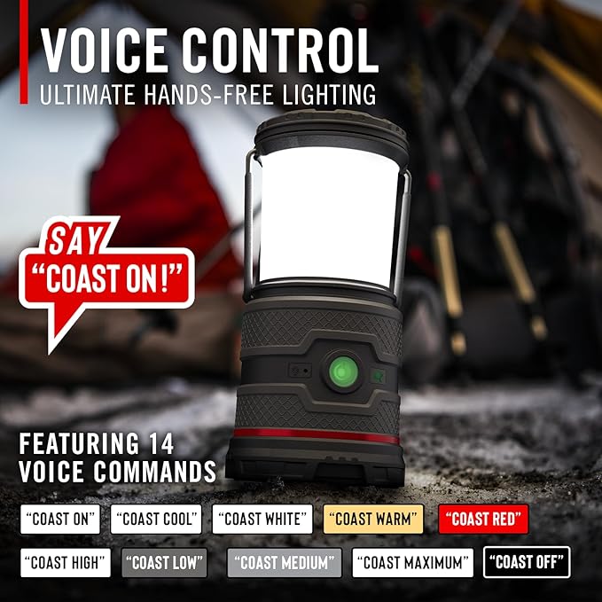 Coast EAL35R 1000 Lumen Voice-Controlled LED Emergency & Camping Area Lantern with Warm, Cool White, Day, Red & Red Flashing Mode, Power Bank Functionality - Ocean