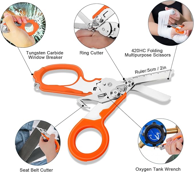 6 In1 Multifunction Emergency Response Shears, Stainless Steel Foldable Trauma Shears with Strap Cutter and Glass Breaker,Medical Scissors with Holster and Penlight Orange