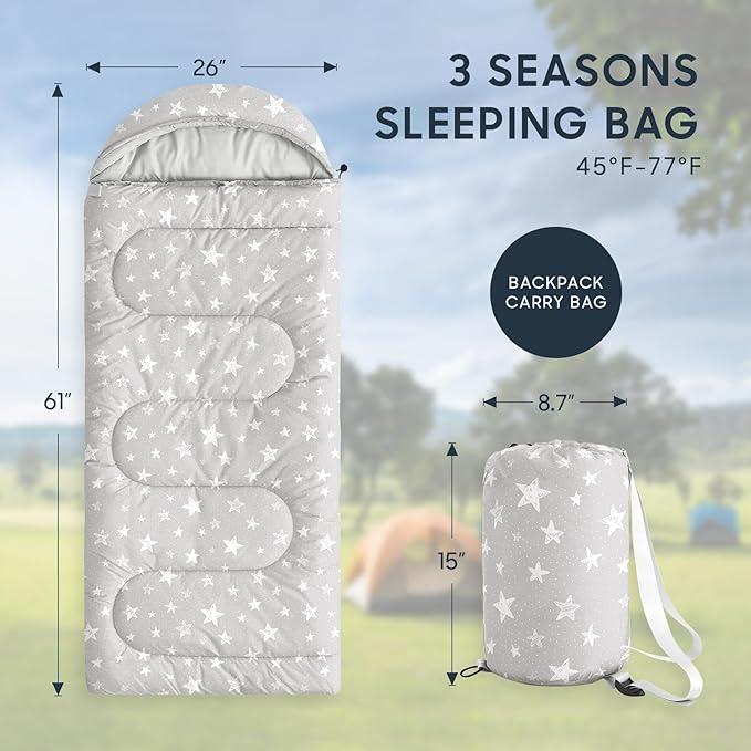 Wake In Cloud - Star Kids Sleeping Bag for Boys Girls Toddlers, Camping in Warm Cold Weather, Backpacking Lightweight Compact Outdoor Liner for 3 Seasons Summer Spring Fall
