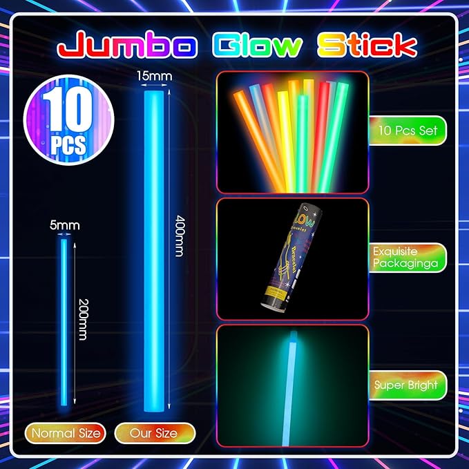 Lewtemi 10 Pcs Large Glow Sticks Big Giant Jumbo Halloween Christmas Emergency Light Stick for Camping Accessories, Survival Kit