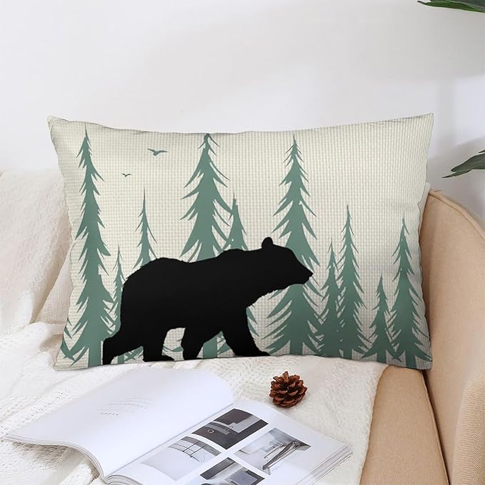 ITFRO Set of 2 Birthday Gift Wildlife Bear Throw Pillow Cover Pine Tree Forest Cotton Linen Lumbar Animal Cushion Case Farmhouse Home Decor for Bed Sofa Couch 12x20 Inches (Beige and Green)