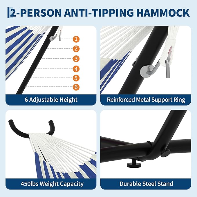 Garvee 2 Person Hammocks with Stand for Outside, Double Hammocks Portable Space Saving Heavy-Duty Steel Stand for Indoor Outdoor Patio with Carrying Bag, 450 lbs Capacity