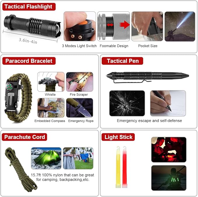 Survival Kit, 294 Pcs Survival Gear First Aid Kit with Molle System Compatible Bag and Emergency Tent, Emergency Kit for Earthquake, Outdoor Adventure, Hiking, Hunting, Gifts for Men Women