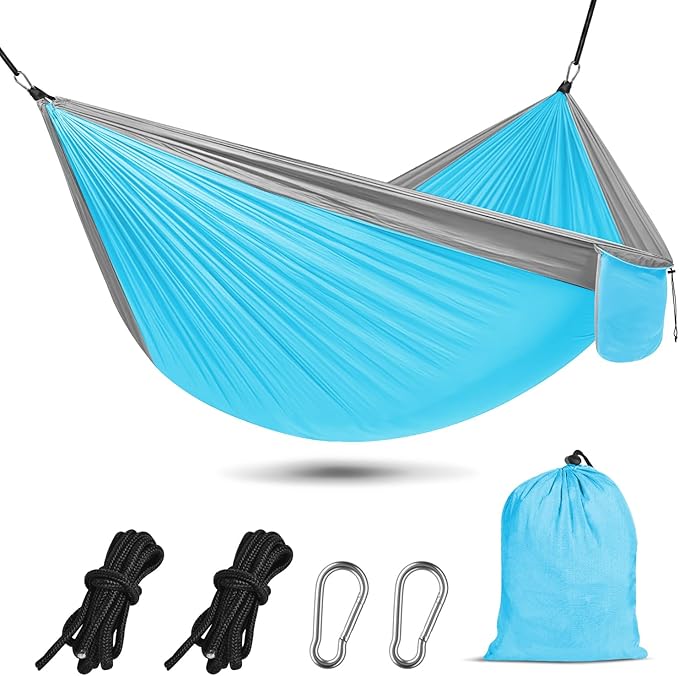 OBTANIM Camping Hammock 500lbs Portable Lightweight Single or Double Hammock with Tree Straps and Carry Bag for Camping Backpacking Hiking Travel Beach Outdoor Indoor (Grey and Blue)