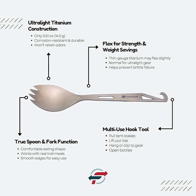 FlipFuel Titanium Spork – Ultralight Backpacking & Camping Utensil, Reusable Travel & EDC Spork with Multi-Function Hook