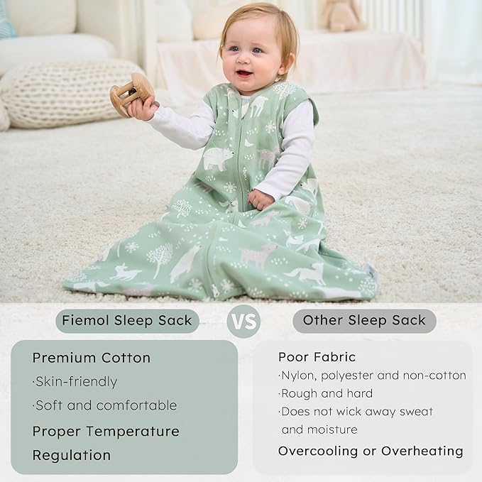 Baby Sleep Sack 12-18 months, 100% Cotton Sleeping Sack for Toddler, 3 Pack Baby Wearable Blanket, 0.5 Tog Lightweight Double Zipper Sleep Bag Large Green Forest Bear