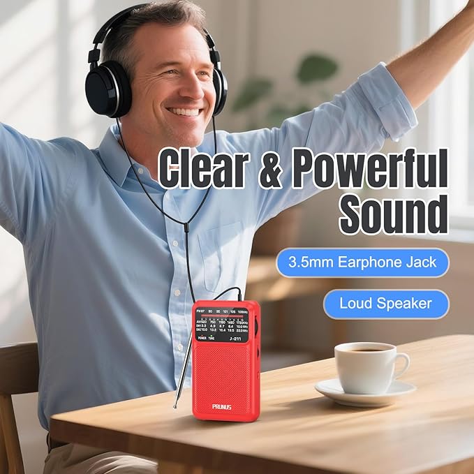 PRUNUS J-211 Portable Radio AM FM with USB Charging and AA Battery Operated, Transistor Radio, Strong Reception& Clear Speaker, Headphone Jack, Back Clip, Lanyard, Small radios Portable AM FM