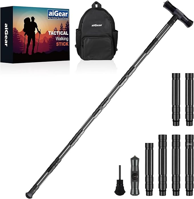 aiGear G2 Tactical Stick Hiking Walking Staff - Trekking Poles Outdoor Adjustable Hiking Stick for Camping Hiking 5-8 Tubes（with Multitool）