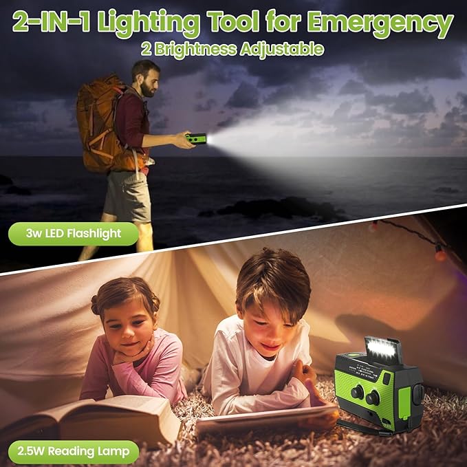 4000mAh/14800mWh Emergency Radio, Solar Hand Crank Emergency Radio - NOAA Weather Radio with AM/FM/NOAA Weather Alert, Reading Lamp, Flashlight, Cell Phone Charger and SOS Siren (Army Green)
