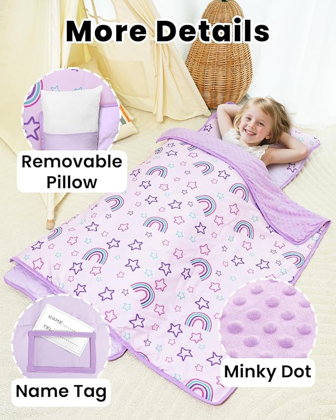 Primlect Toddler Nap Mat with Detachable Blanket and Removable Pillow, Kids Sleeping Bag 55''x35'' for Daycare Preschool Kindergarten, Toddler Sleeping Mat for Boys and Girls