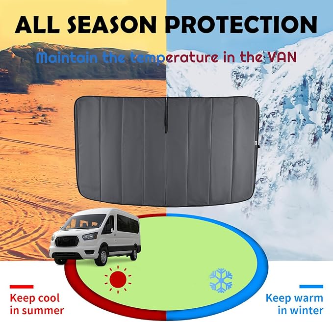 Insulated Front Windshield Cover for 2015-2026 Ford Transit Medium and High Roof Vans, Blackout Privacy Sun Shades for Stealth Camping – Dark Gray