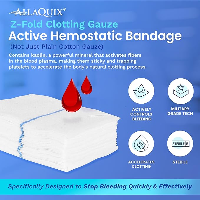 Advanced Kaolin Hemostatic Gauze – Z-Fold Sterile Clotting Bandage (3" x 3.3 ft) | Military-Grade Bleeding Control for Emergency, Trauma, Tactical First Aid, IFAK, and Survival Kits