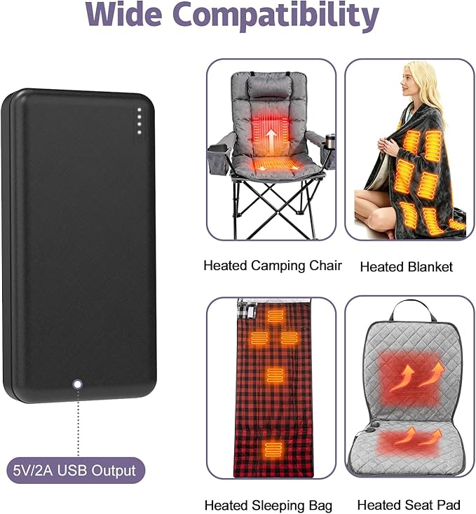 5V2A Battery Pack for Electric Heated Camping Chair, Heated Blanket, Hunting Seat Pad, Sleeping Bag USB Power Bank Camping Work Power (Black, Milliamp Hours, 10000)