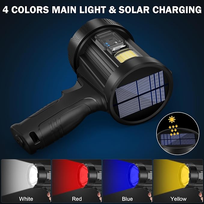 2,000,000 Lumens Rechargeable Spotlight Flashlight, Super Bright Handheld LED Spot Light with Solar Panels, COB Light & 3 Color Filters, IPX5 Waterproof for Camping, Boating, Home