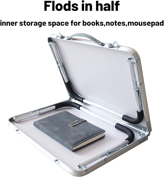 Jucaifu Foldable Laptop Table, Bed Desk, Breakfast Serving Bed Tray, Portable Mini Picnic Table & Ultra Lightweight, Folds in Half with Inner Storage Space (Silvery)