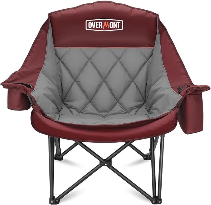 Overmont Oversized XL Camping Chair for Adults - 400lbs Support Heavy-Duty Padded Folding Chair with Side Pocket Cup Holder Cooling Bag for Outdoor Sports Garden Beach Fishing Lawn Red