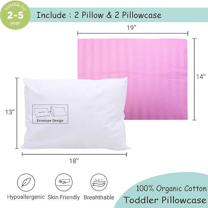 ZPECC Toddler Pillow with Pillowcase 2 Pack - 13x18 Organic Cotton Hypoallergenic Kids Pillow, Baby Essentials for Travel Crib Daycare Stroller (Intended for Age 2 and up) Pink Stripe