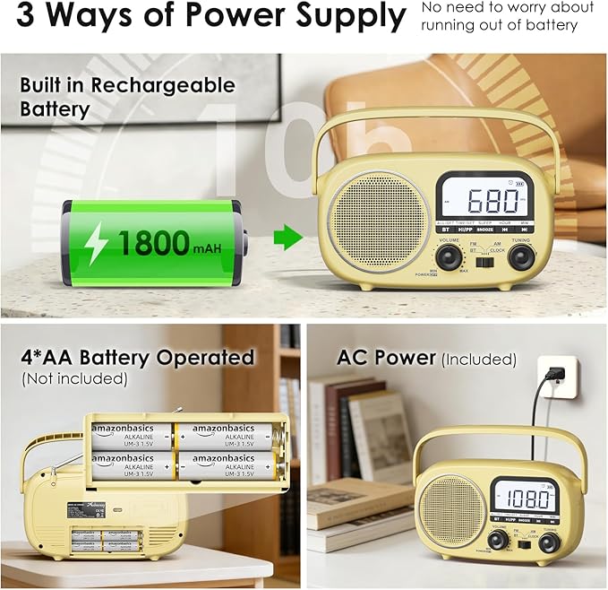 Portable Radio AM FM with Bluetooth,Built-in Rechargeable Battery/Plug in Wall/4*D Cell Battery Operated, Digital Time Display, Transistor Radio for Home,Outdoor,Gift,Seniors (Yellow)