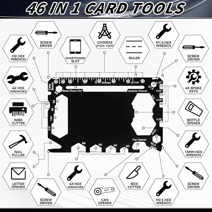 Cholemy 24 Pcs Credit Card Wallet Multitool 46 in 1 Metal Stainless Steel Survival Pocket Tool Bottle Opener Multipurpose Bulk for Husband Dad Men Christmas Birthday Gift, Black