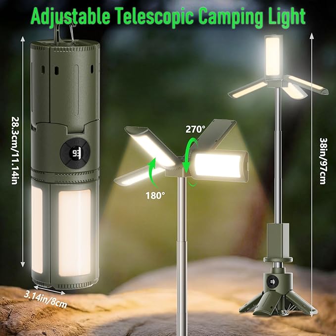 UBeesize Telescopic Camping Lights with Stand, 14000mAh Rechargeable Camping Lantern with Display, Hook and IPX5 Waterproof, Outdoor Camping Lights for Travel, Fishing, Emergency Use