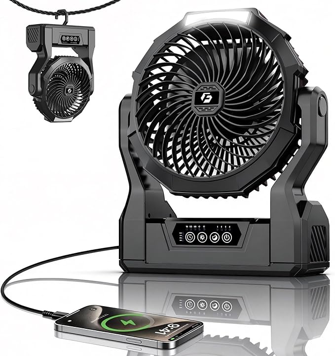 Fentara2 24000mAh Rechargeable Camping Fan with LED Light & Power Bank, Battery Powered Portable Travel Fan for Outdoor, Fishing, Hurricane Emergency, Ideal Gift for Men Dad Him, Black