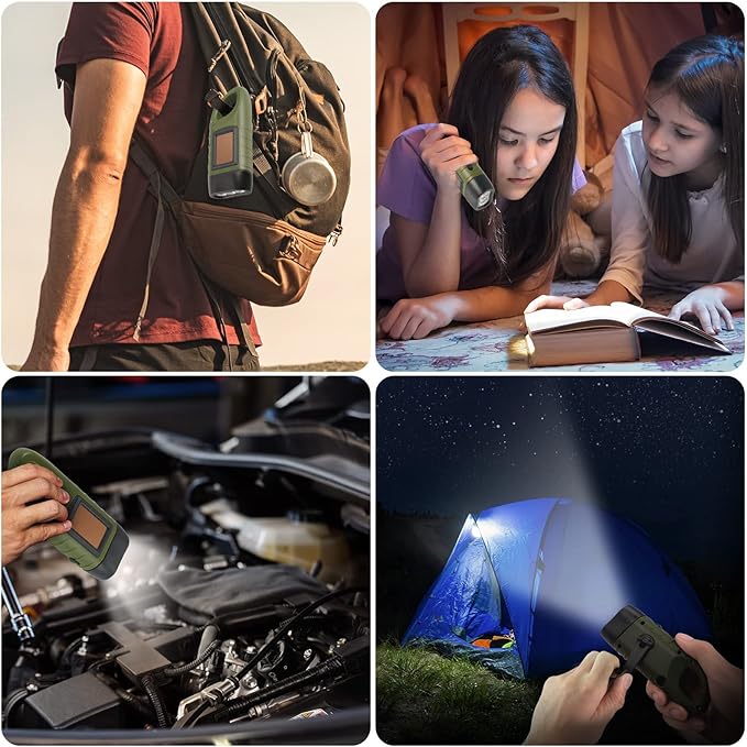 Simpeak 2-Pack Hand Crank Solar Powered Flashlight, Emergency Rechargeable LED Survival Flashlight, Quick Snap Carbiner Dynamo Flash Light Torch for Outdoor Sports, Green