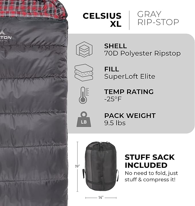 Teton Celsius XL, 25F, 20F, 0F Degree Sleeping Bags, All Weather Warm Sleeping Bag for Adults and Kids, Camping Season, Compression Sack Included