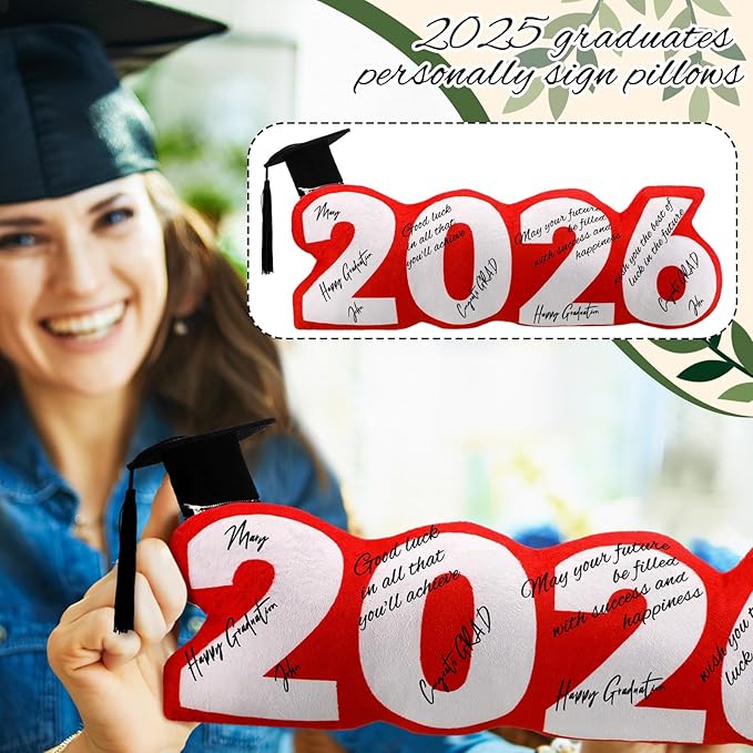 Beeveer Class of 2026 Autograph Stuffed Pillow 15.7" Graduation Autograph Stuffed Pillow Graduation Guest Signature Gifts Grad Party Sign in Decor for High School College(Red,Classic)