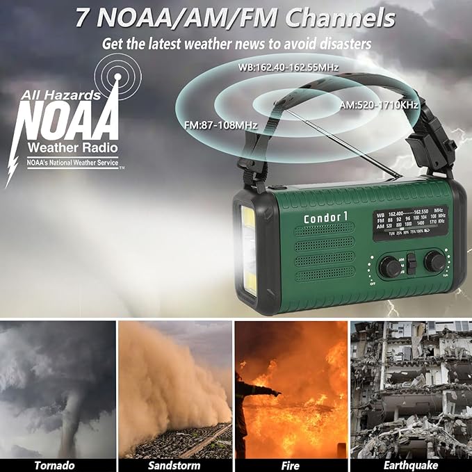 Emergency Weather Radio (Condor 1) NOAA/AM/FM with 74000mWh Portable Radio, USB-C/Solar/Hand Crank Charging, SOS Alarm, Flashlight, Reading Lamp & Survival Handle Kit for Indoor/Outdoor Emergency