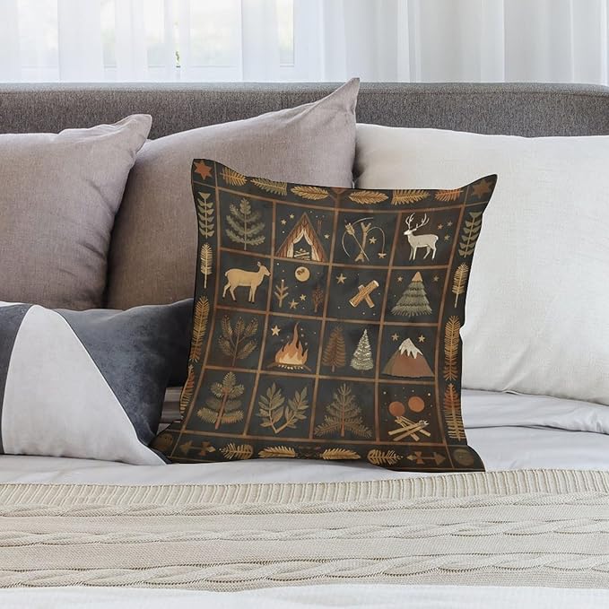 ITFRO Set of 2 Birthday Gift Wildlife Bear Deer Forest Bonfire Pine Tree Short Plush Both Sides Square Retro Checkered Throw Pillow Cover Cushion Case Farmhouse Sofa Decor 18x18 Inches (Checkered)