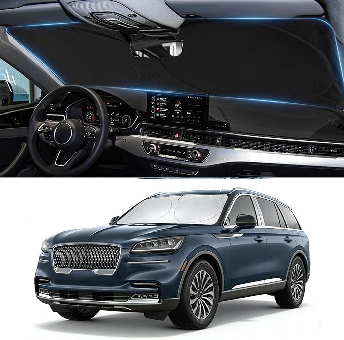 Windshield Sun Shade for Lincoln Aviator 2020-2025 2026, Custom-Fit Aviator Sun Visor Protector, 99% UV Block Heat Sun Shield, Silver Reflective Front Window Sunshade