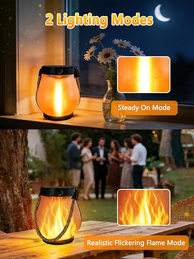 1 Pack Gen2 Solar Lights Outdoor Waterproof, Solar Lantern with Dancing Flame, 2 Lighting Modes, Dual Charging USB & Solar Powered, with Hanging Rope Handle for Patio Yard Garden Tree Tabletop Decor