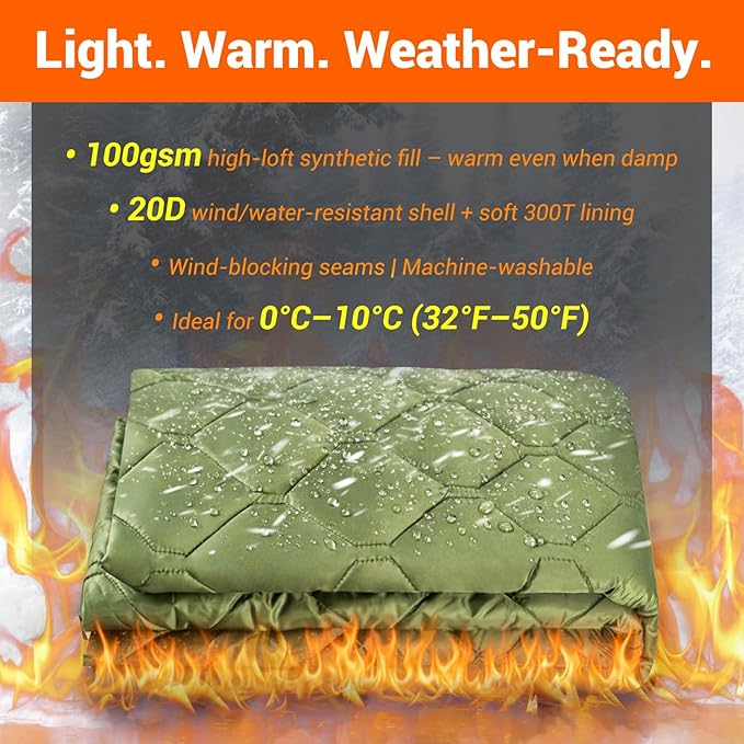 FUNANASUN Hooded Camping Blanket Poncho, Stadium Woobie Blanket, Machine Washable/650FP Insulation, Ultralight & Packable, Fit Most Adult Sizes, Can Be Used as Shawl/Wearable Sleeping Bag/Cloak
