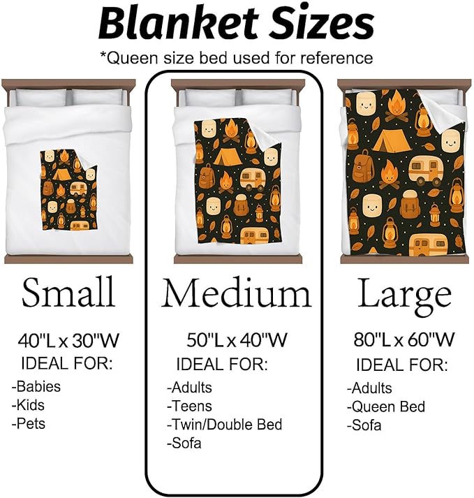 Camping Blanket Cute Cartoon Campfire Tent Marshmallow Lantern and Camper Pattern Throw Blankets Lightweight Flannel Throws for Couch Chair Office Bed Home Decor Gifts for Adults,50x40inch