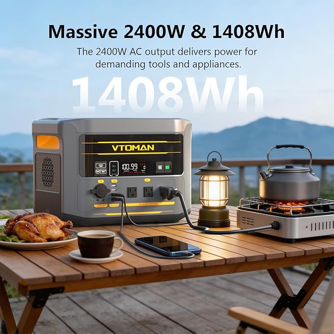 VTOMAN FlashSpeed 2400 Portable Power Station with 400W Solar Panel, 1408Wh LiFePO4, 2400W (Peak 3200W) Solar Generator with 10ms UPS, 1Hr Fast Charge for Home Backup, Power Outages, Camping