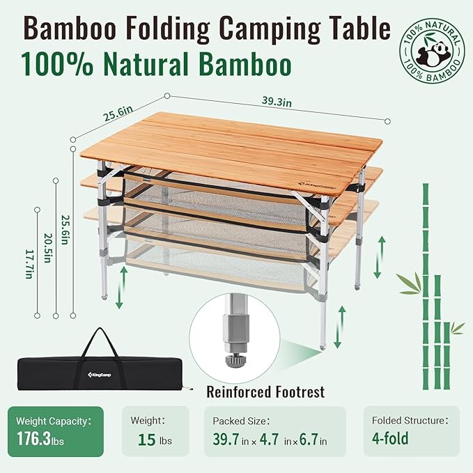 KingCamp Bamboo Folding Camping Table Adjustable. Supports 176lbs with A Premium Bamboo Top and 3 Adjustable Heights, Ideal for Stable Dining or Cooking at Picnics, RVs, and Glamping Sites