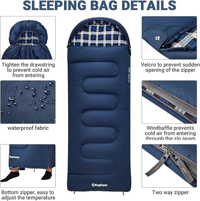 KingCamp 45°F Kids Sleeping Bag, Lightweight Waterproof & Compact Flannel Sleeping Bags Cold Weather & Warm Youth Essentials Gear Accessories for Camping, Fits 10-12 Children up to 4'7"-5'5" Tall