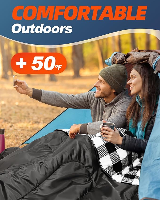 MEREZA Flannel Double Sleeping Bag for Adults Cold Weather, XL Queen Size Sleeping Bag for All Season 2 Person Big and Tall Sleeping Bags for Camping 0 Degree with Pillow