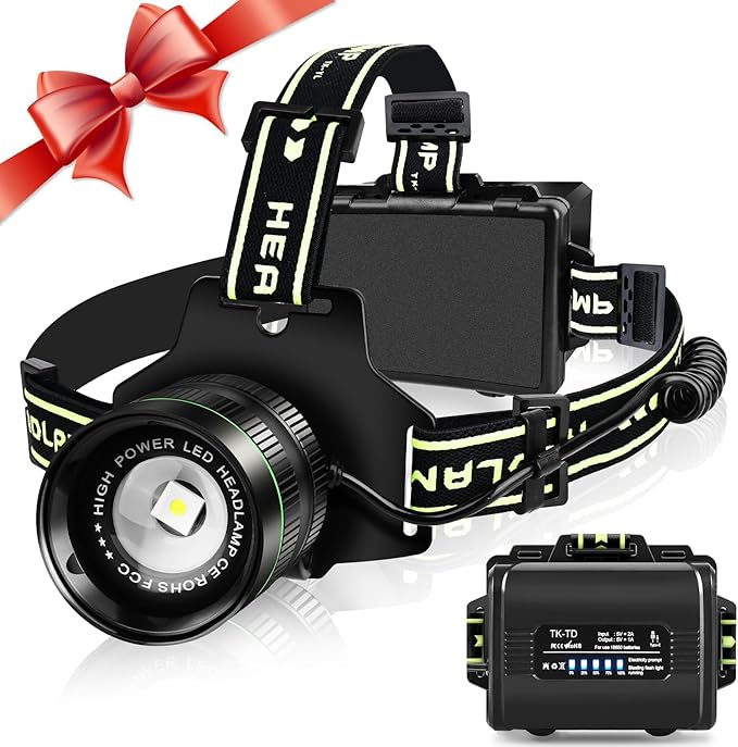 Rechargeable Headlamp, LED Super Bright Headlight, 5 Modes Zoomable Head Lamp, 180°Adjustable, IPX6 Waterproof for Camping, Running, Climbing, Hiking