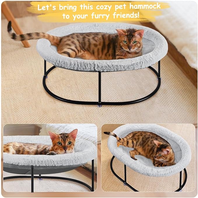 Zoratoo Elevated Cat Hammock Bed for Indoor Cats, Fluffy Warm Cuddle Cats Bed with Detachable Pad Bed Cover, Portable Pet Bed Raised Cuddler for Sleeping Kittens, Small Dog, Oval Cat Hammock Grey