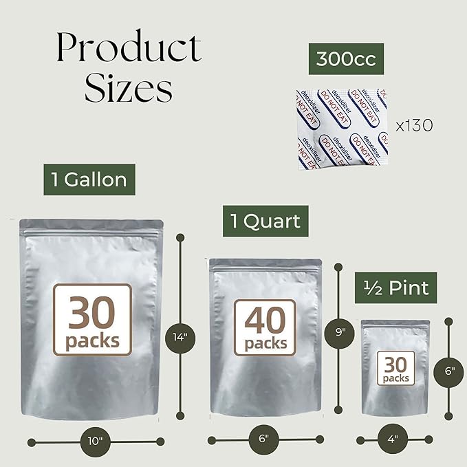 Mylar Bags for Food Storage 100 Stand Up 9.5mil Thick 130 Oxygen Absorbers 300cc Airtight Packaging for Emergency Food Supply Heat Sealable Zipper Resealable 1 Gallon Quart 1/2 Pint