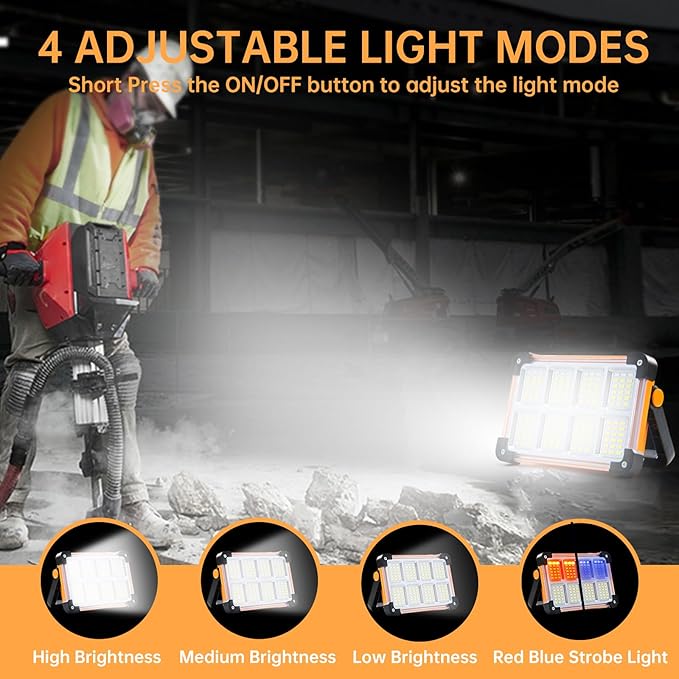 Rechargeable Flood Light - 10000LM LED Portable Work Light with Stand, 6600MAh Job Site Flashlight Spotlight for Car Repair,Camping, Emergency - Solar Hand Held Lamp IP66 Waterproof 4 Modes - Yellow