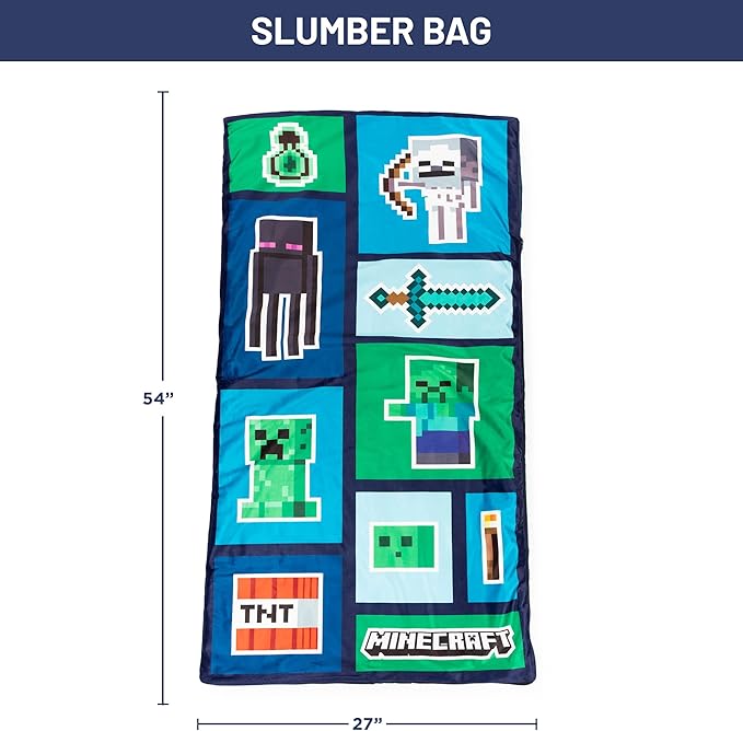 Minecraft Creeper 3 Piece Sleepover Set - Cozy & Warm Slumber Bag with Pillow & Eye Mask (Official Minecraft Product)