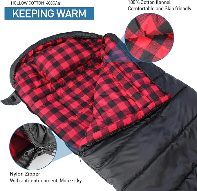 Keencamp 0 Degree Sleeping Bag Cotton Flannel Winter Cold Weather for Adults XXL Sleeping Bag 4 Season Big and Tall with Pillow Compression Sack