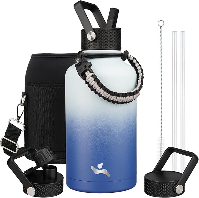 Konokyo Half Gallon Insulated Water Bottle with Straw,64 oz 3 Lids Water Jug with Carrying Bag,Paracord Handle, Double Wall Vacuum Stainless Steel Metal Flask,Sky