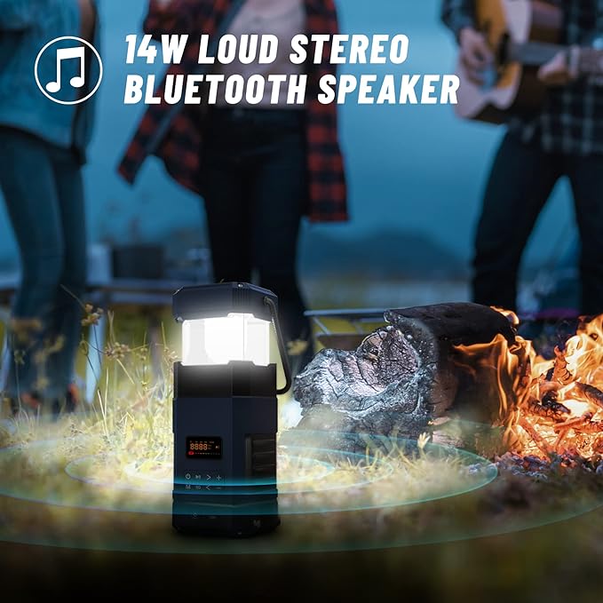 Libovgogo DF-585 Emergency LED Camping Lantern,IPX5 Waterproof Stereo Bluetooth Speaker,Hand Crank NOAA Weather Alert Radio with Solar,Portable AM FM Radio with Flashlight,5000mAH Cell Phone Charger